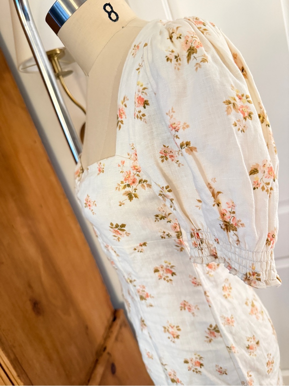 Reformation Gina Cream Floral Square-Neck Puff Sleeve Linen Mini Dress BWT - Picture 7 of 16